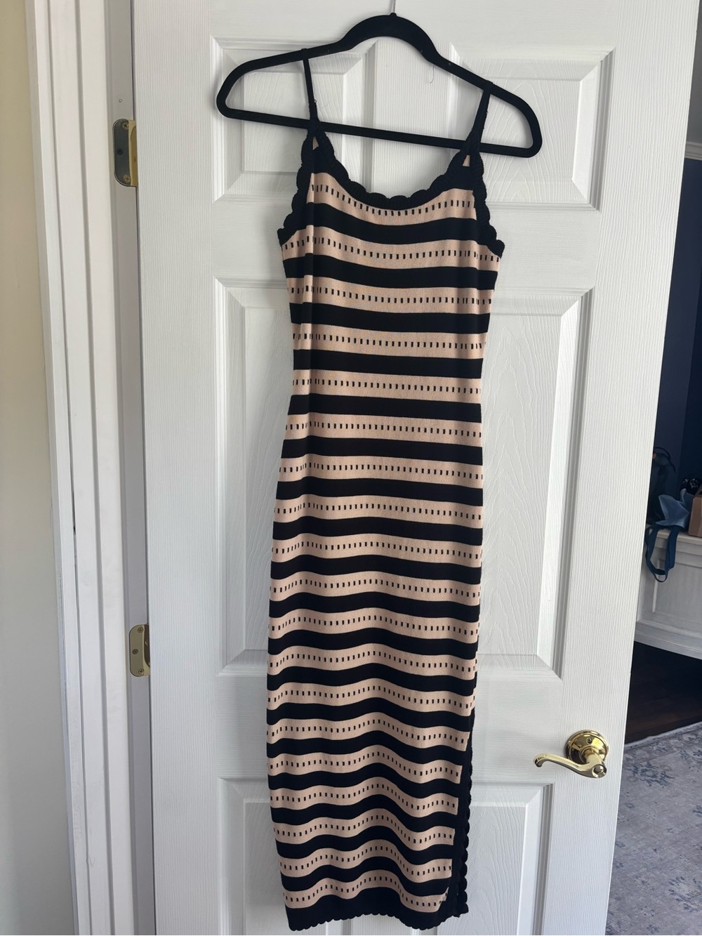 Striped Black and Beige Maxi Dress with Scallop Trim